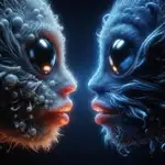 This image features a close-up of two furry alien faces with large black shiny eyes staring at each other. One is white and the other is blue. The image shows intricate details of their curly fur. The scene is a bit unsettling because the lips of the creatures look like pink human lips. The overall vibe blends human features with artistic flair, inviting curiosity and imagination.