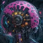 The image is a close-up of a organo-digital brain, highlighting its intricate details. The content suggests an artistic interpretation, integrating elements of fractal art and abstract designs. The use of circular shapes enhances the appeal and complexity of the mysterious fusion.