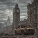 A dystopian scene of destruction after severe weather event in central London. A destroyed jeep is dropped in front of a ruined Big Ben and the House of Parliament. The sky is cloudy. The street is covered with dirt and debris.