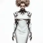 The image features a cyborg lady wearing a tight white dress, embodying elements of fashion and haute couture. The image is emphasizing the clothing's design and embellishments. The cyborg lady projects elegance while highlighting various parts of her robotic body that look like accessories.