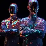 Philosophical representation of a split man having two identical upper bodies. Each half is looking at each other as if the man is examining his emotional state