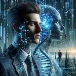 The image presents a typical CG artwork. The image features a man wearing a suit and a tie. He is standing nest to a blue digital entity. There is a large vertical DNA double helix strand between them connecting their two distinct identities.
