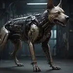 The image features a futuristic cybernetic dog looking into the distance. It is anatomically correct but its mechanical joints and structure clearly visible.