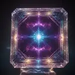 The image features a blue and purple nebulous crystalline artifact, showcasing vibrant colours that blend together to create a mesmerising otherworldly scene. The view suggests elements of light and crystal refracting and reflecting in granular the transparency of  the nebulous structure.