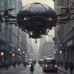 A large black robodrone is hovering above a street. The scene includes various urban elements such as buildings, street lights, and traffic. This outdoor environment suggests a futuristic city setting where vehicles are present on the road.