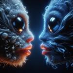 This image features a close-up of two furry alien faces with large black shiny eyes staring at each other. One is white and the other is blue. The image shows intricate details of their curly fur. The scene is a bit unsettling because the lips of the creatures look like pink human lips. The overall vibe blends human features with artistic flair, inviting curiosity and imagination.