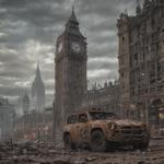 A dystopian scene of destruction after severe weather event in central London. A destroyed jeep is dropped in front of a ruined Big Ben and the House of Parliament. The sky is cloudy. The street is covered with dirt and debris.