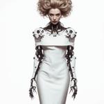 The image features a cyborg lady wearing a tight white dress, embodying elements of fashion and haute couture. The image is emphasizing the clothing's design and embellishments. The cyborg lady projects elegance while highlighting various parts of her robotic body that look like accessories.