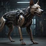 The image features a futuristic cybernetic dog looking into the distance. It is anatomically correct but its mechanical joints and structure clearly visible.