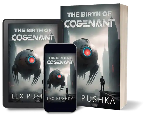 The Birth of Cogenant novel cover shown in three formats: paperback, e-book on a tablet, and audiobook on a phone, with the Cogenant logo