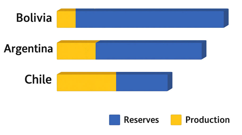 Bar chart comparing lithium reserves and production in Bolivia, Argentina, and Chile, showing Bolivia with the largest reserves but low output, while Chile leads in production.