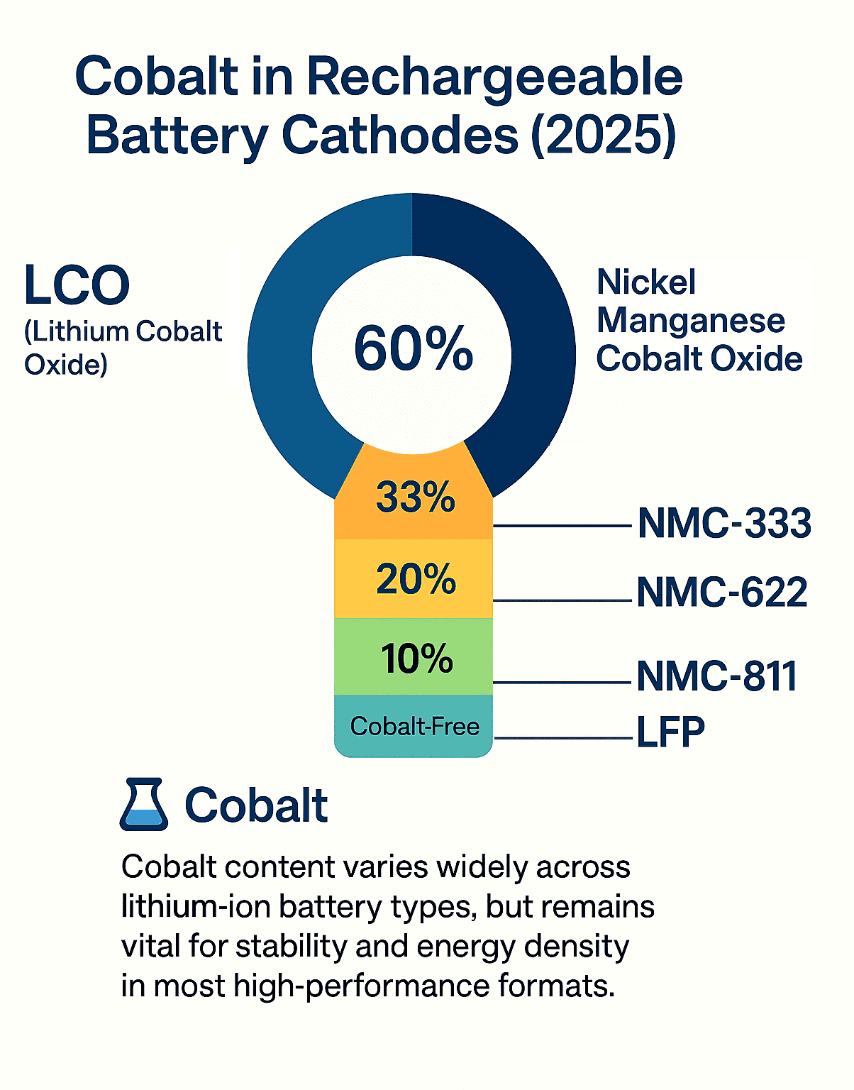 Infographic showing cobalt uses in rechargeable battery cathodes (2025), comparing cobalt content across battery chemistries: LCO (60%), NMC-333 (33%), NMC-622 (20%), NMC-811 (10%), and LFP (0%, cobalt-free). Highlights how cobalt remains vital for energy density and stability in high-performance lithium-ion batteries