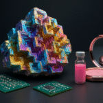 High-resolution image of a vividly iridescent bismuth crystal with stair-stepped cubic formations on a dark lab surface, surrounded by a pink cosmetic compact, green circuit boards with silver solder joints, and a vial of pink medicine, illustrating bismuth's natural form and diverse applications in beauty, electronics, and pharmaceuticals.