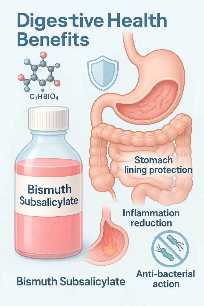 Illustration of bismuth subsalicylate benefits for digestive health, showing a bottle, digestive system diagram, and icons for stomach lining protection, inflammation reduction, and anti-bacterial action.