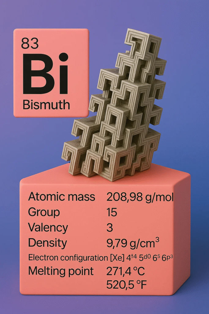 Bismuth colour tile with its Name, atomic number, symbol etc., info written on it, beside to it is a block with atomic mass, group, valency etc., written on it with bismuth ore on top