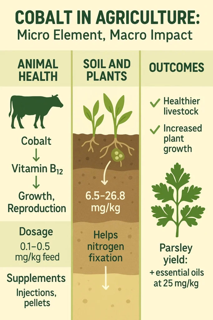 Infographic showing cobalt’s role in agriculture through animal health, soil nitrogen fixation, and crop yield enhancement — practical cobalt uses in farming and livestock nutrition.