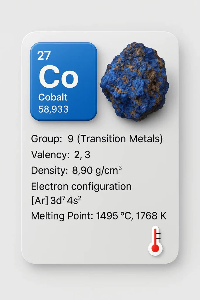 Cobalt element data card showing atomic number 27, density, valency, electron configuration, and melting point — highlighting cobalt’s properties relevant to industrial and scientific uses.