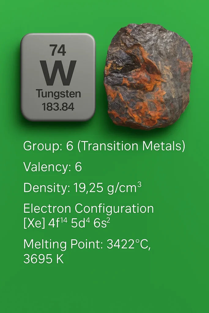 Tungsten element data card showing atomic number, density, valency, electron configuration, and melting point — highlighting tungsten’s properties relevant to industrial and scientific uses.