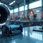 High-tech industrial scene showcasing cobalt uses: disassembled EV battery with cobalt cathodes, turbine blade made of cobalt superalloy, and smartphone components, all set inside a modern robotic manufacturing facility.
