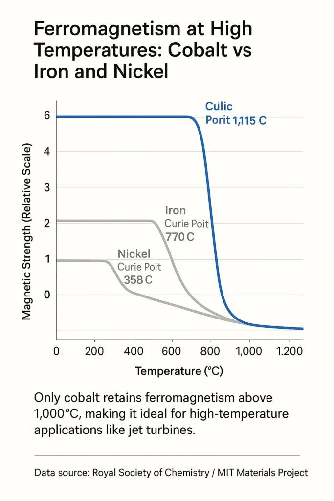 Graph comparing cobalt, iron, and nickel ferromagnetic strength at high temperatures, illustrating why cobalt is used in high-performance turbine alloys — a key example of cobalt uses in aerospace.
