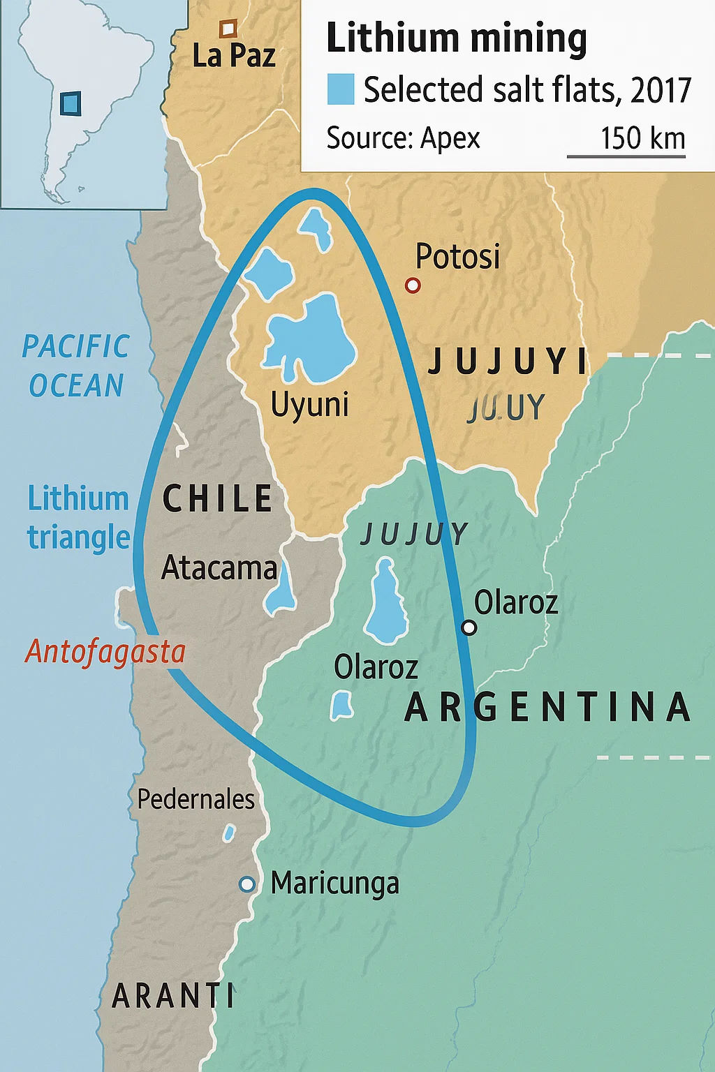 Map of the Lithium Triangle in South America showing key lithium mining regions across Bolivia, Chile, and Argentina. Highlights major salt flats including Salar de Uyuni, Salar de Atacama, and Olaroz. Cities like La Paz, Antofagasta, Potosí, and Jujuy are labeled, along with selected salt flats outlined in blue. Source: Apex, 2017