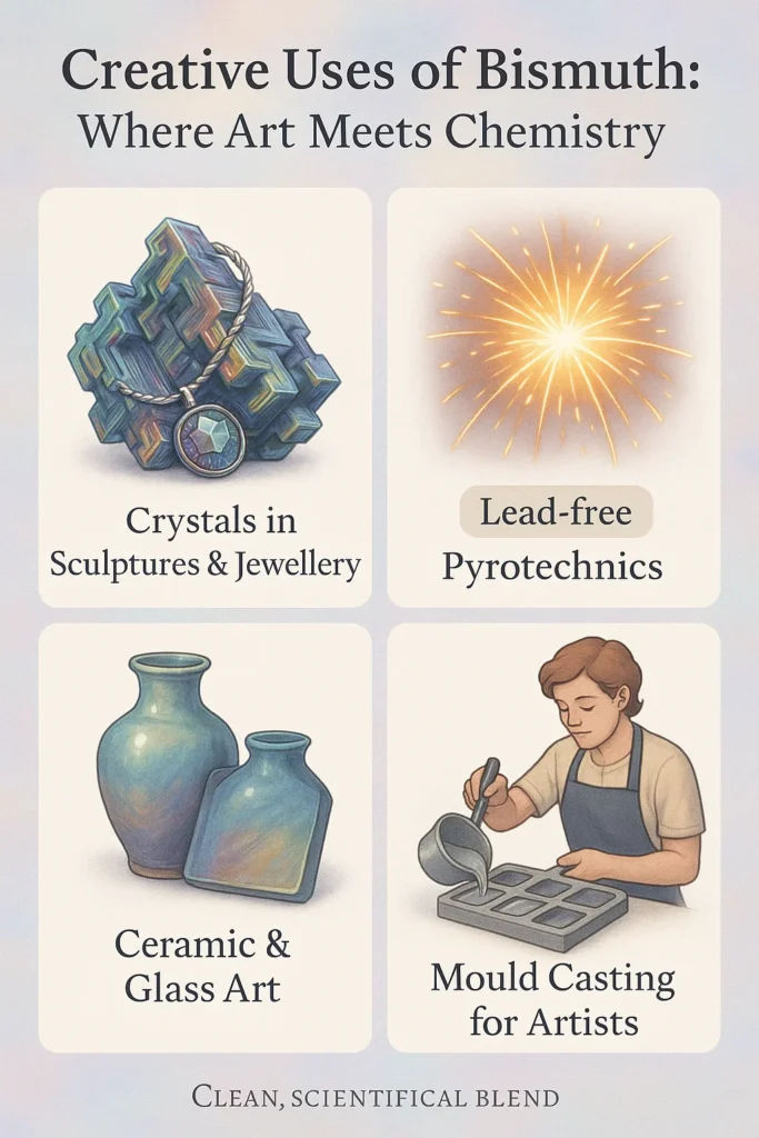 Illustration showing creative uses of bismuth in art, including crystals in jewelry, lead-free pyrotechnics, ceramic and glass art, and mold casting for artists, blending chemistry with artistic expression.