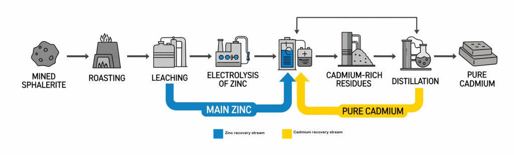 Flowchart showing the byproduct recovery of cadmium from sphalerite. Steps include roasting, leaching, zinc electrolysis, cadmium-rich residue separation, and distillation to yield pure cadmium metal alongside the main zinc stream.
