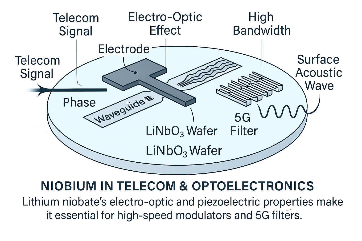 Diagram of a lithium niobate (LiNbO₃) wafer showing electro-optic modulation and surface acoustic wave propagation for 5G filters. Labels highlight telecom signal input, waveguide, phase modulation, and interdigital transducers generating high-bandwidth surface acoustic waves