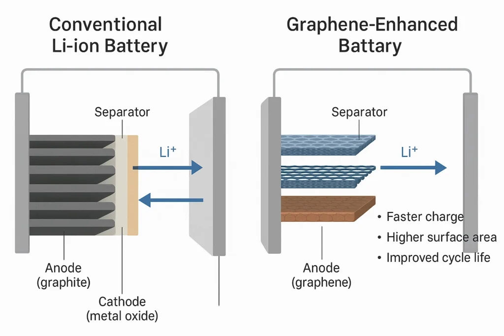 Comparison diagram between conventional lithium-ion battery with graphite anode and a graphene-enhanced battery. Graphene version shows layered anode and benefits: faster charge, higher surface area, improved cycle life.
