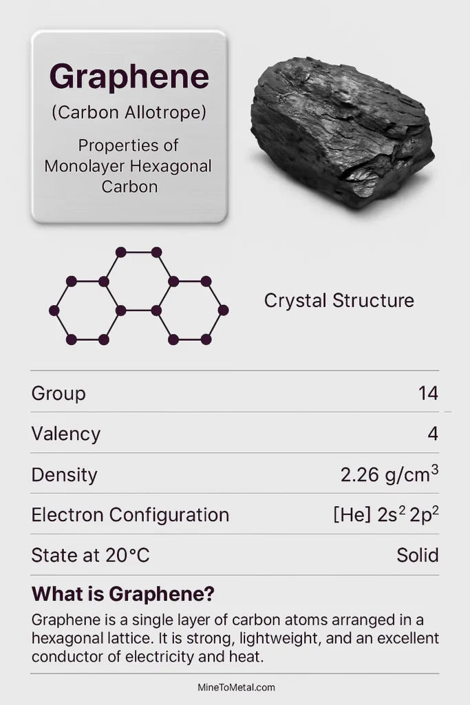 Graphene properties chart showing crystal structure, group 14, valency 4, density 2.267 g/cm³, electron configuration [He]2s²2p², solid state at 20°C, and discovery by Andre Geim.