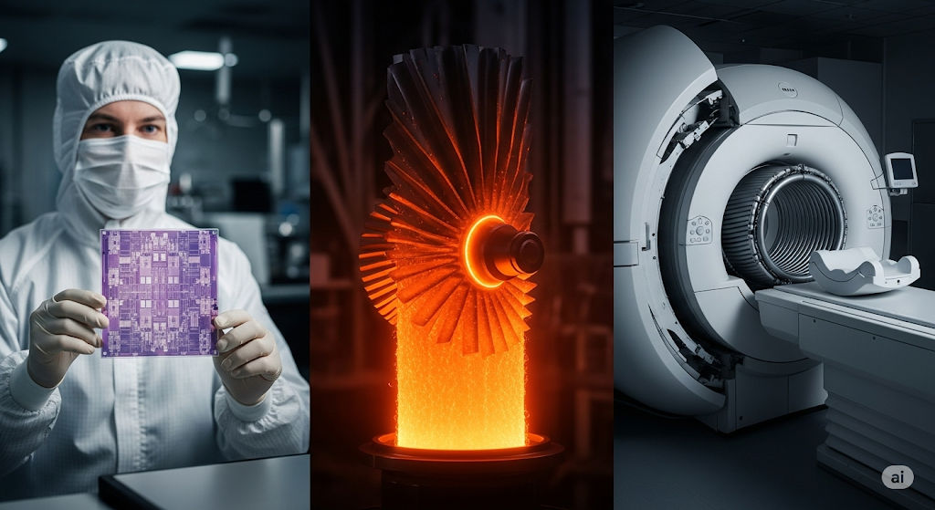 Composite image showing a technician with a niobium wafer, a glowing turbine blade with heat-resistant coating, and an MRI scanner—representing quantum, aerospace, and medical uses of niobium