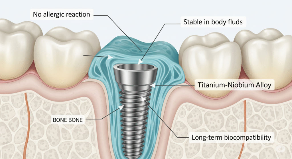 Cross-sectional medical illustration of a dental implant made from titanium–niobium alloy, embedded in gum and bone, labeled to show its biocompatibility, fluid stability, and low allergic response.