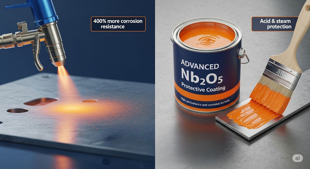 Illustration of niobium pentoxide (Nb₂O₅) applied via thermal spray and epoxy paint, showing enhanced corrosion resistance and protection in acid and steam environments.