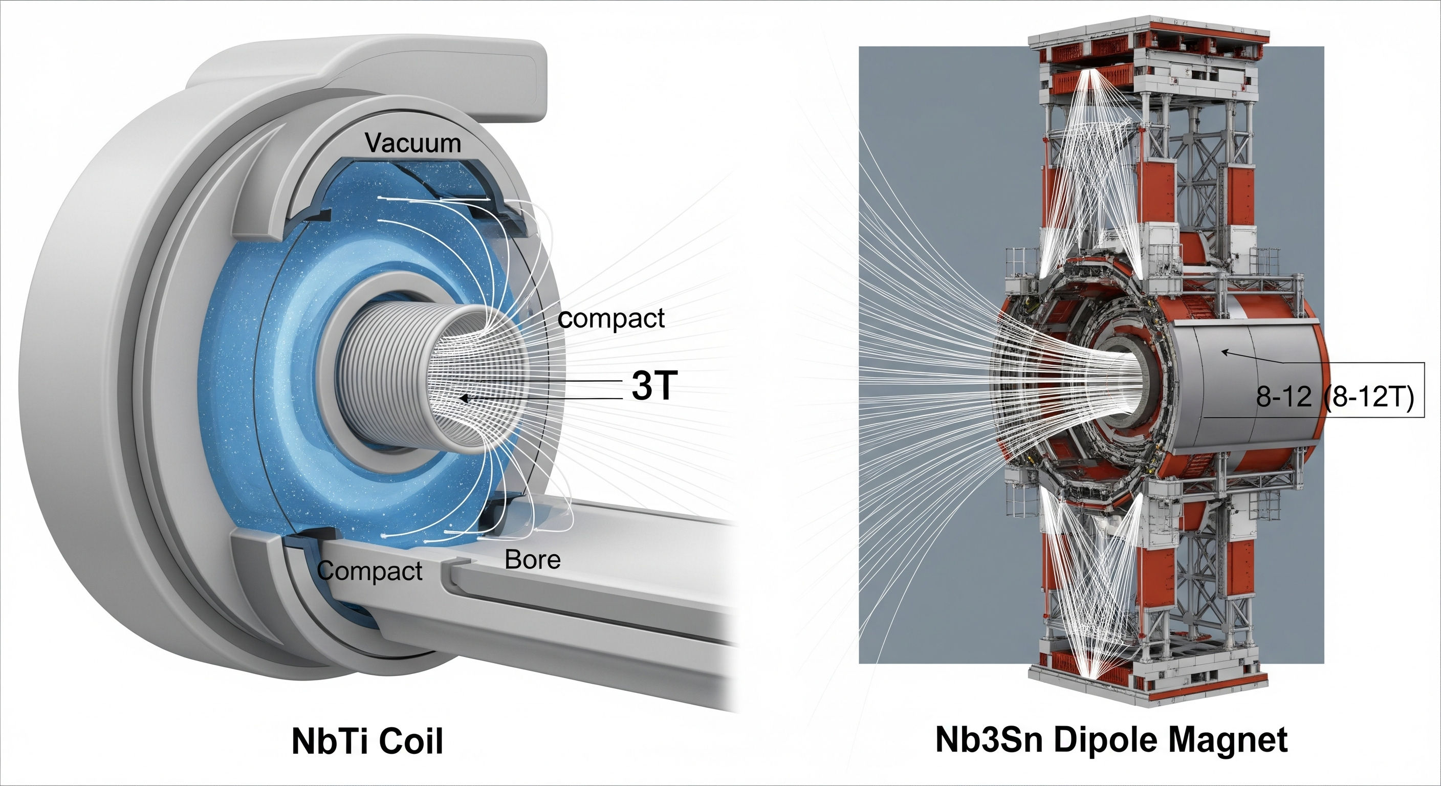 Side-by-side cross-sectional comparison of a compact NbTi superconducting coil generating a 3T magnetic field, and a large Nb₃Sn dipole magnet used in particle accelerators producing 8–12T fields. Field lines are shown emerging symmetrically from each bore, with structural differences highlighted.