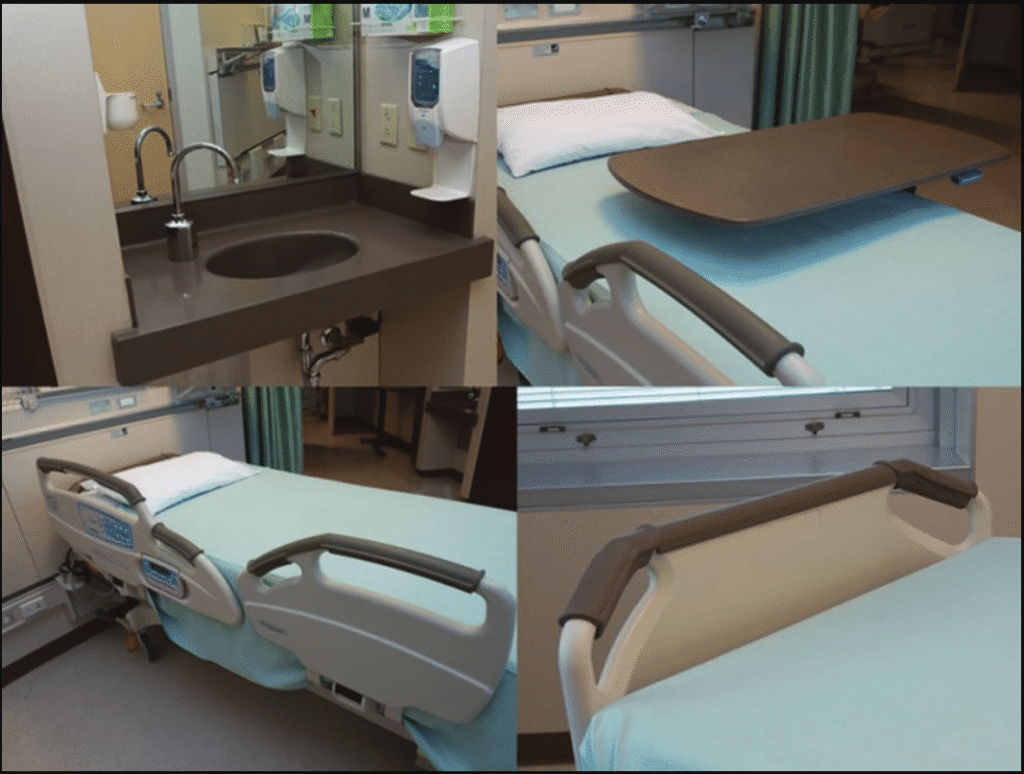 Copper-impregnated high-touch surfaces in a hospital, including door handles and bed rails, to reduce infection risk.