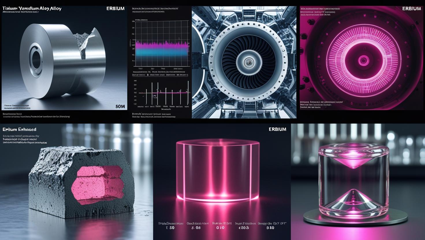 Infographic showing diverse uses of erbium in materials science, metallurgy, and advanced alloys, including titanium‑vanadium alloying for improved toughness and machinability, erbium‑enhanced superalloys in jet turbine blades, La:Er₂O₃ ceramics under hardness and crack‑resistance testing, high‑performance Er–Ni and Er–Co magnets with stable magnetic flux across temperatures, and pink optical glass for jewellery and specialty optics.