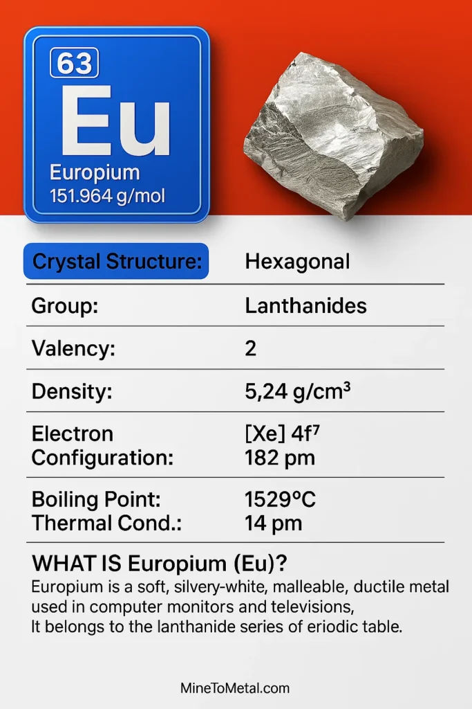 Periodic table element card for Europium (Eu), atomic number 63, showing physical properties like density, crystal structure, electron configuration, and applications.