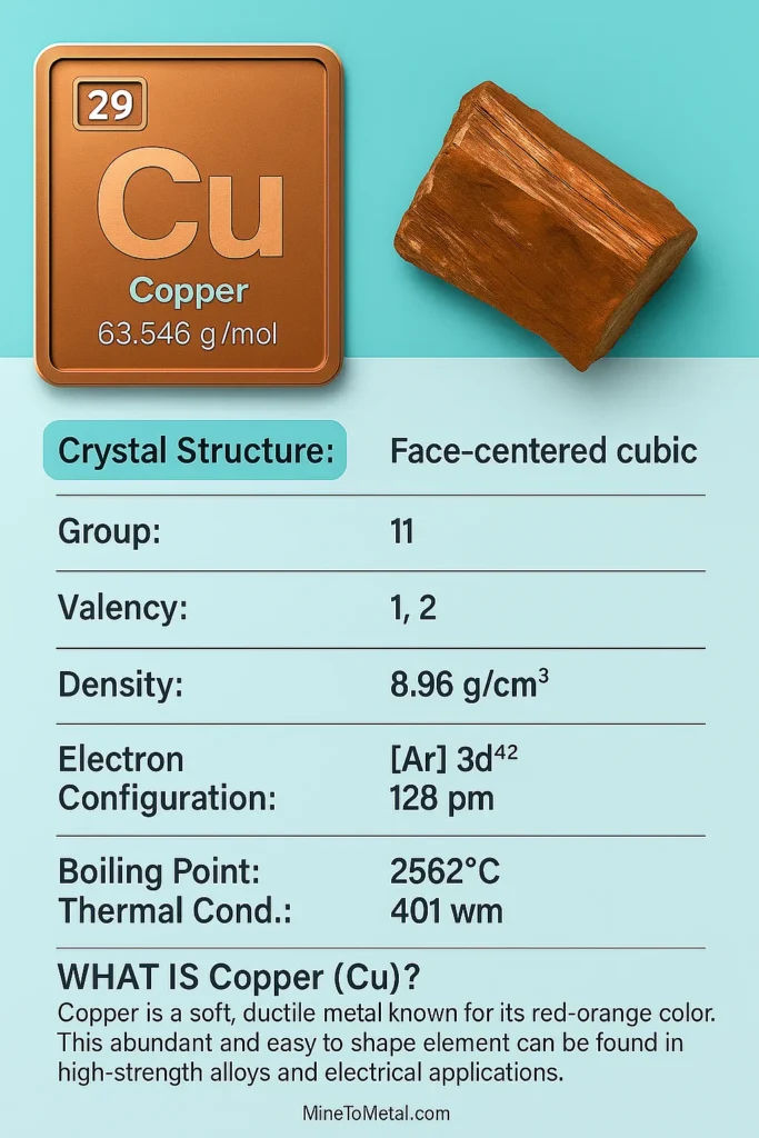 Periodic table element card for Copper (CU), atomic number 29, showing physical properties like density, crystal structure, electron configuration, and applications.