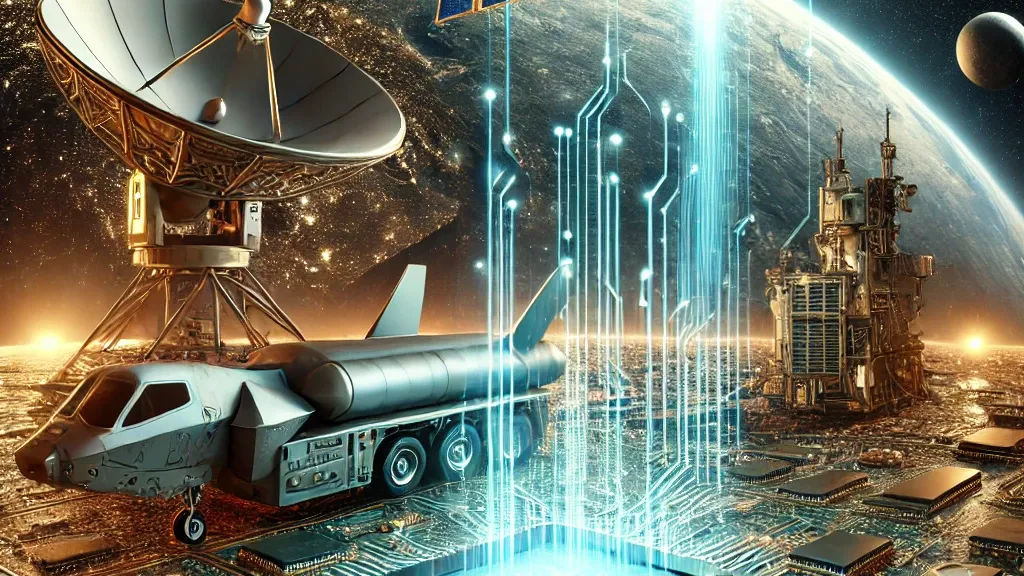 Futuristic aerospace and defence scene with satellite dish, spacecraft, and digital circuitry representing real-time FPGA processing.
