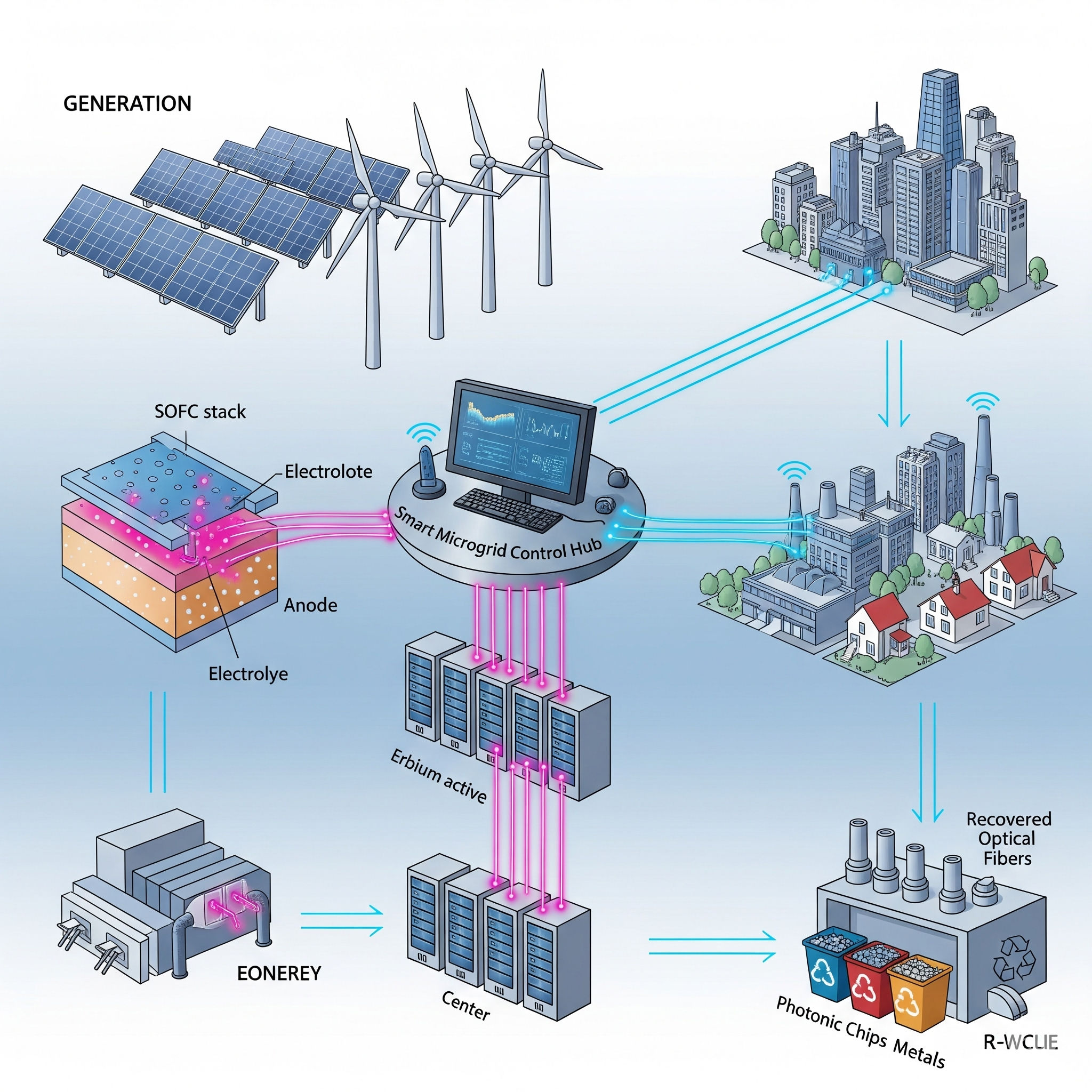 Infographic showing advanced uses of erbium in green energy, sensors, and smart grids, featuring solar panels, wind turbines, and an SOFC stack with erbium‑stabilised electrolyte connected to a smart microgrid hub. Magenta energy lines and blue information lines link to a data centre with erbium‑active fibre‑optic connections, a modern cityscape with smart buildings and homes, and an e‑waste recycling facility recovering optical fibres, photonic chips, and metals for closed‑loop resource recovery.