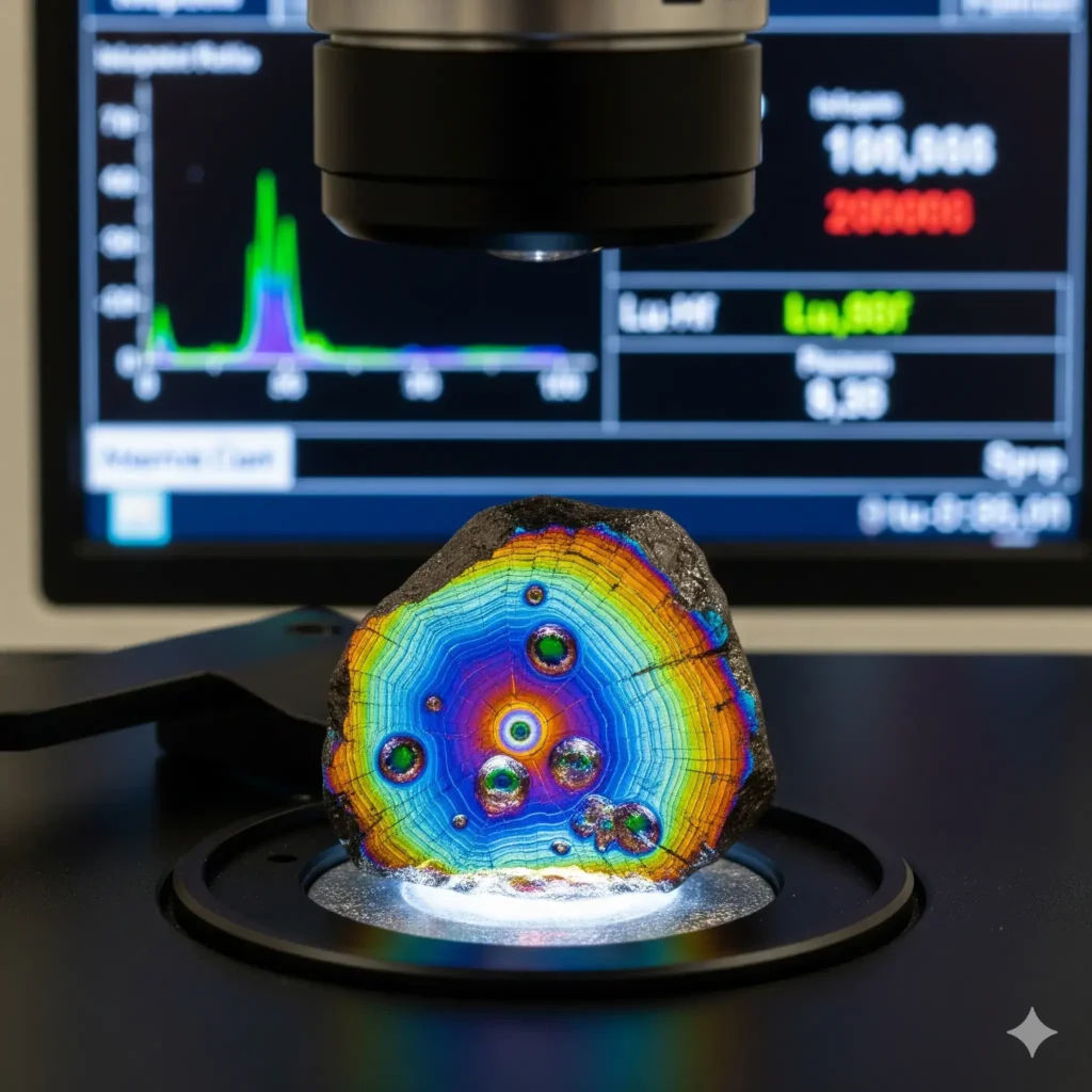 Zircon crystal under a petrological microscope with visible zoning and laser-ablation pits for Lu-Hf isotope dating, with a blurred mass spectrometer screen showing isotope ratio graphs in the background.