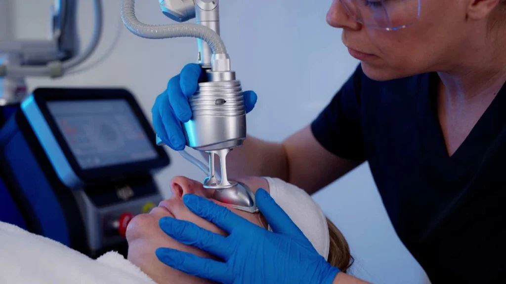 Professional performing a laser skin treatment on a patient's face using advanced medical equipment and blue gloves.