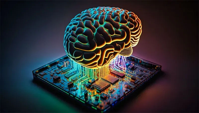 glowing digital brain connected to circuit board symbolising nueromorhpic computing and generative AI Technology