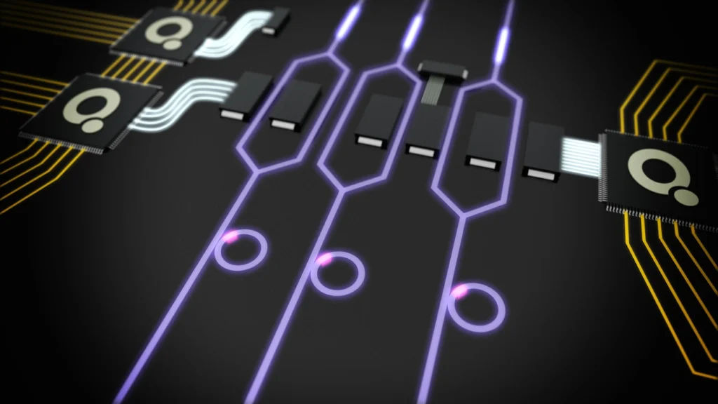 Close-up of PhoQuant photonic quantum computer circuit with glowing purple light paths and Fraunhofer IPMS chips