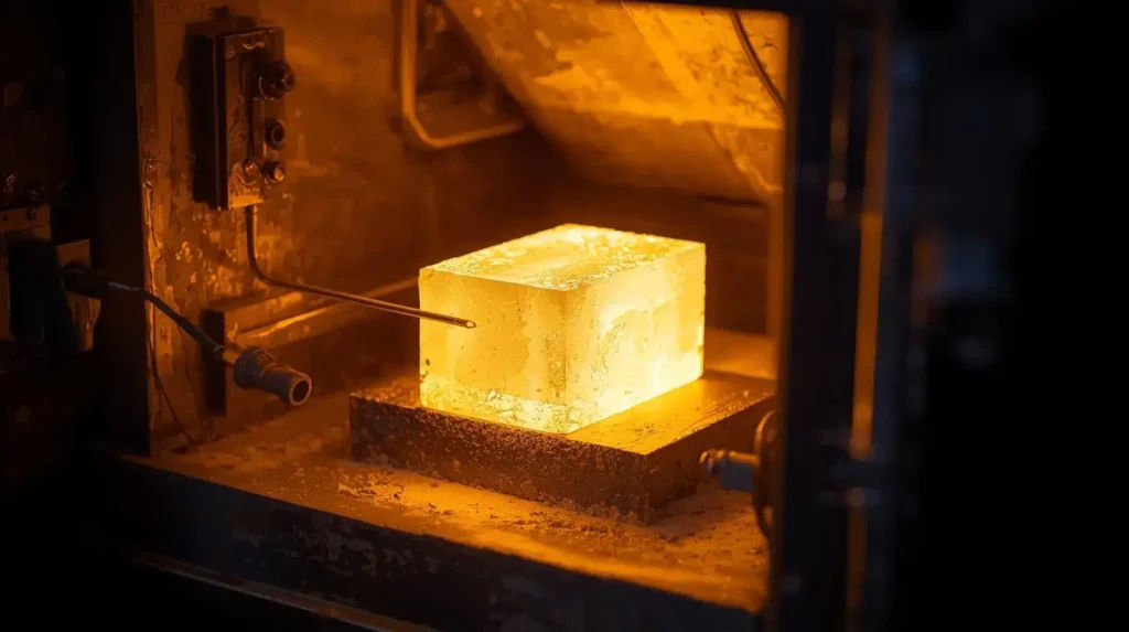Ultra-high-temperature ceramic block (UHTC) undergoing thermal endurance testing in a laboratory furnace for hypersonic vehicle protection and refractory application.