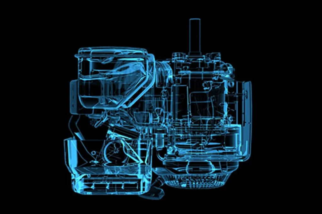 High brightness X-ray image showing the internal structure of a complex mechanical device in blue on black background.