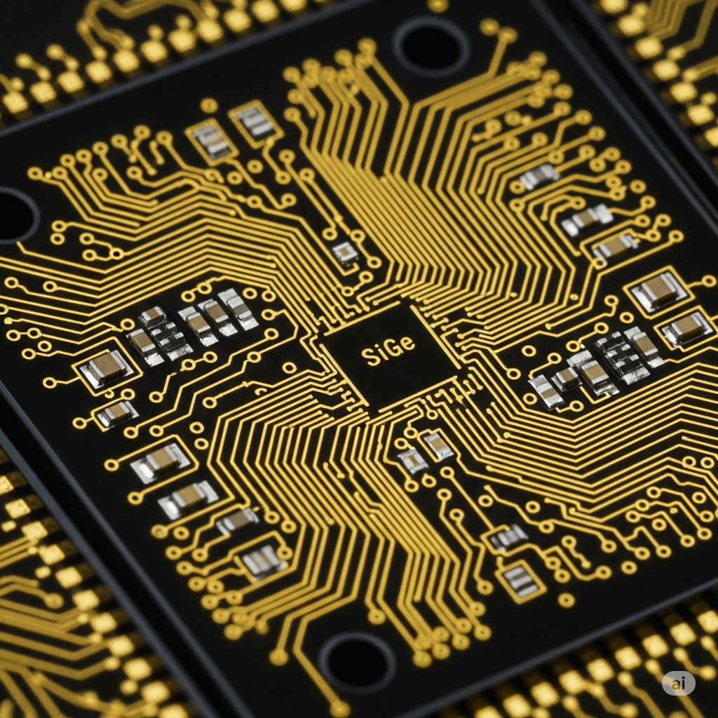 Close-up of a SiGe integrated circuit chip with gold wiring on a black background for RF signal throughput.