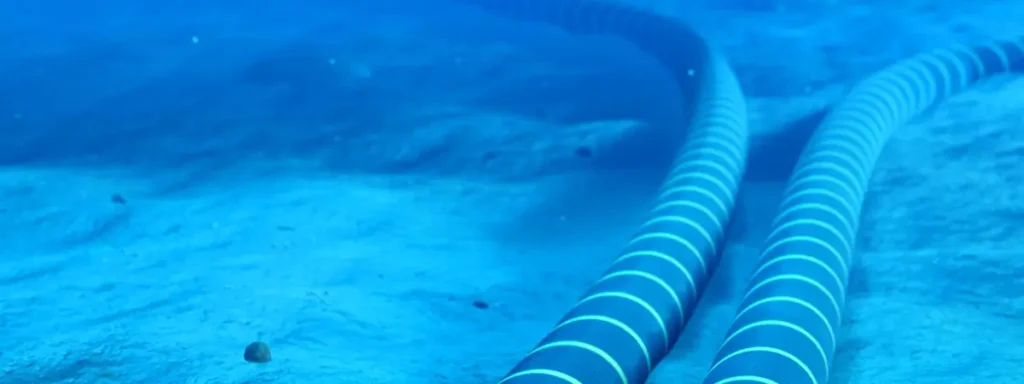 Two subsea fibre-optic cables stretched along the ocean floor in a deep blue underwater setting.