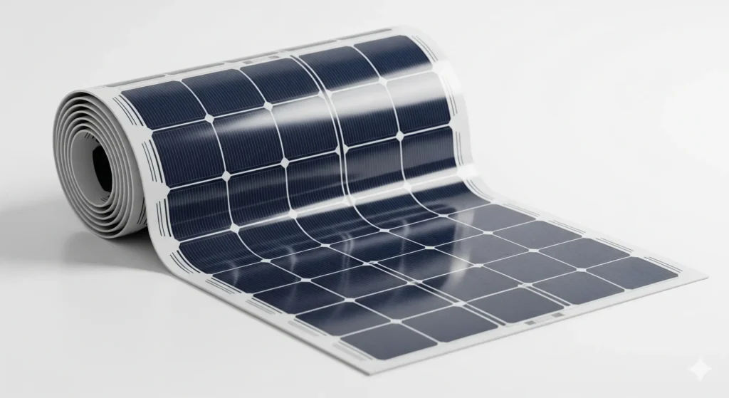 Flexible thin-film solar panels rolled on a cylindrical surface, showcasing their lightweight and adaptable design.