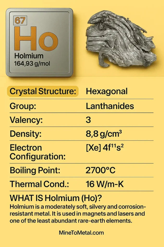 Periodic table element card for Holmium  (Ho), atomic number 67, showing physical properties like density, crystal structure, electron configuration, and applications.